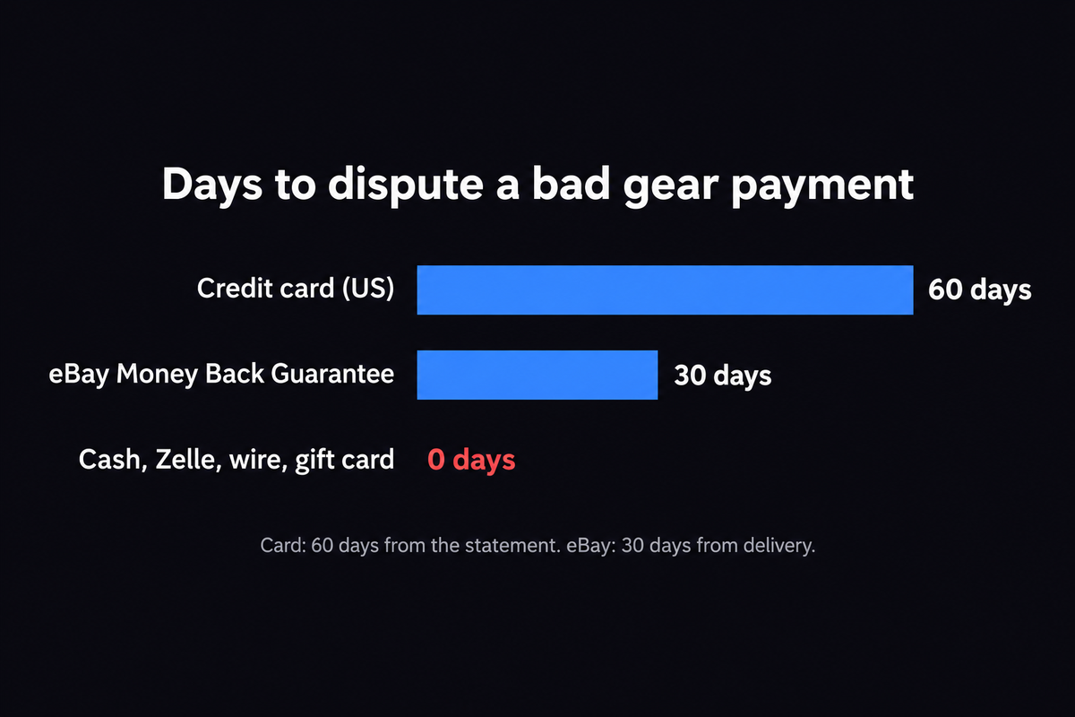 Bar chart of how long you can dispute a bad gear payment: US credit card 60 days, eBay Money Back Guarantee 30 days, cash, Zelle, wire or gift card 0 days